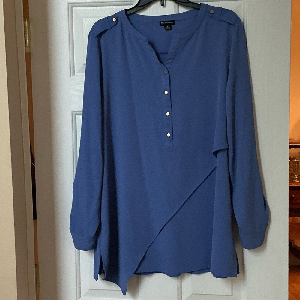 Blue Long-Sleeve Button Henley Blouse